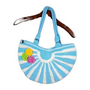 Women's Crotchet Purse Bag Tote Handmade Round Flowers Blue White NEW!